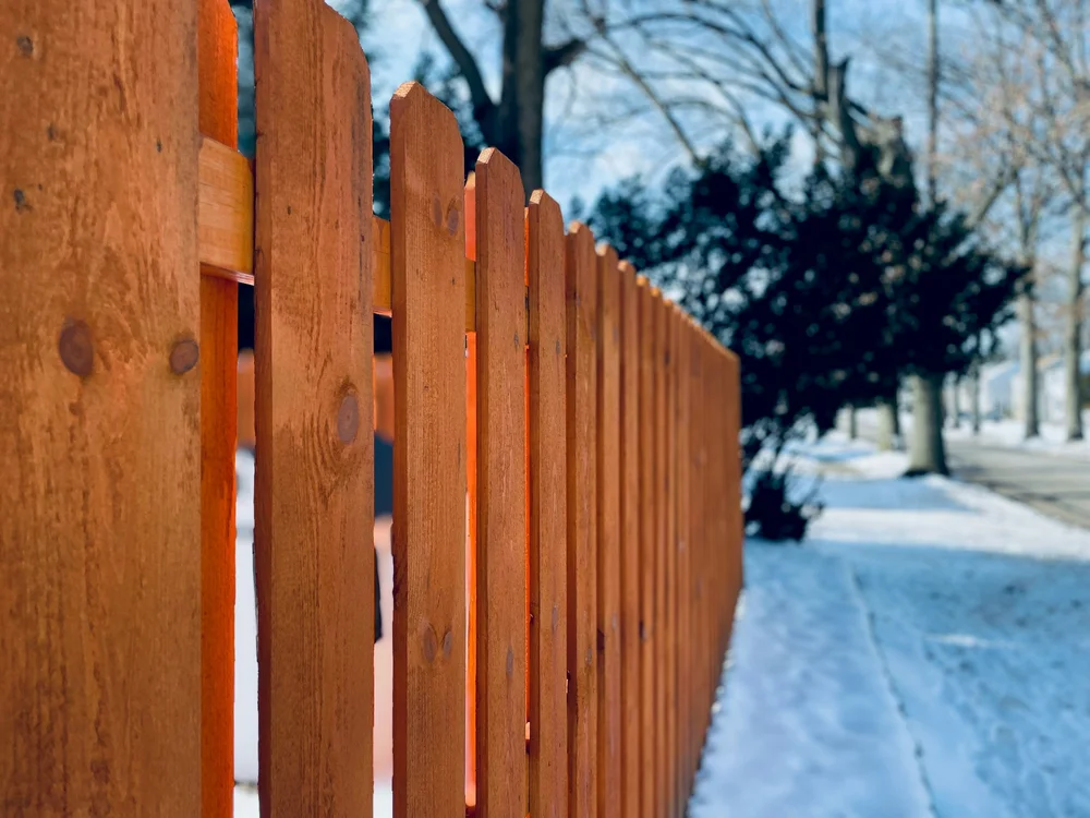 Wooden privacy fence beside a snowy walkway