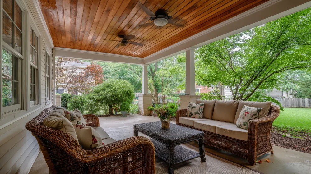 Covered outdoor seating area with wicker furniture